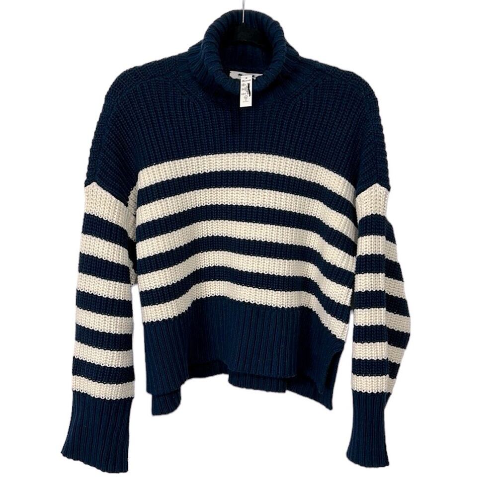 Madewell Wide Rib Turtleneck Sweater Navy and White Striped Women’s size XXS - Picture 4 of 11